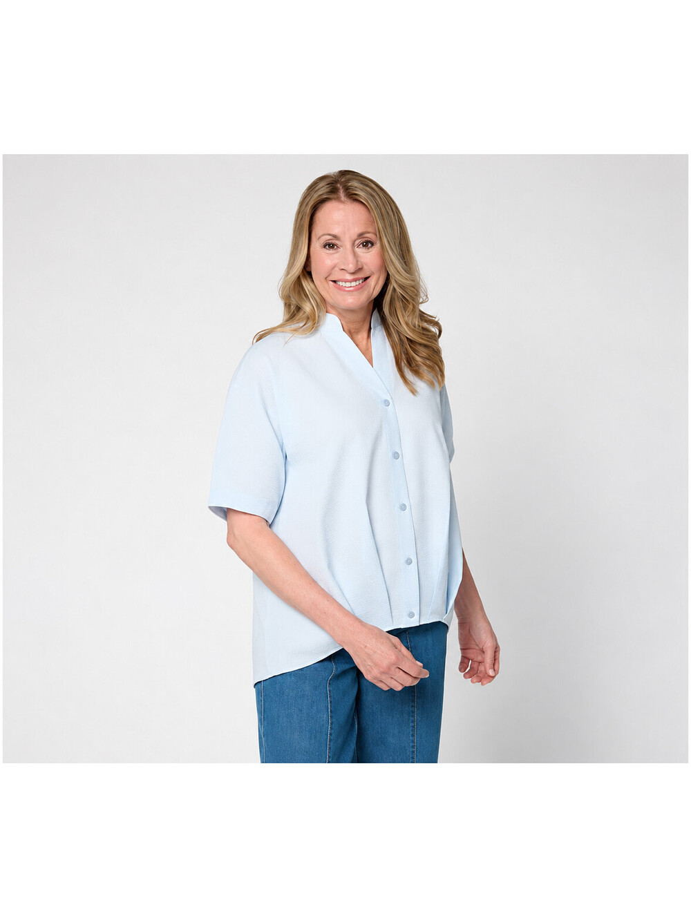 LOGO by Lori Goldstein Bubble Hem Button Front Shirt Moonstone Blue, Size Large